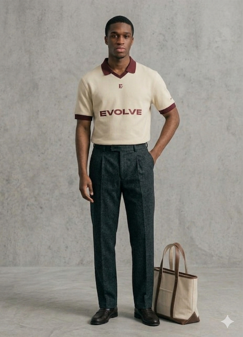 Heritage Jersey in off-white with wine contrast — hero shot showing the Johnny collar, Chapter 1