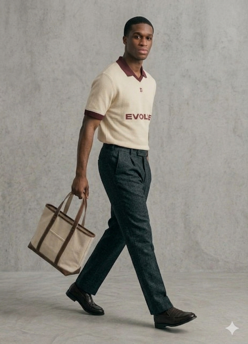 Heritage Jersey in off-white, front view showing the knitted EVOLVE graphic in wine