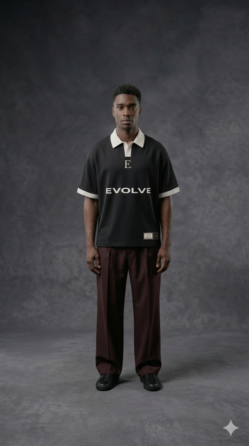Heritage Jersey in black, front view showing the knitted EVOLVE graphic
